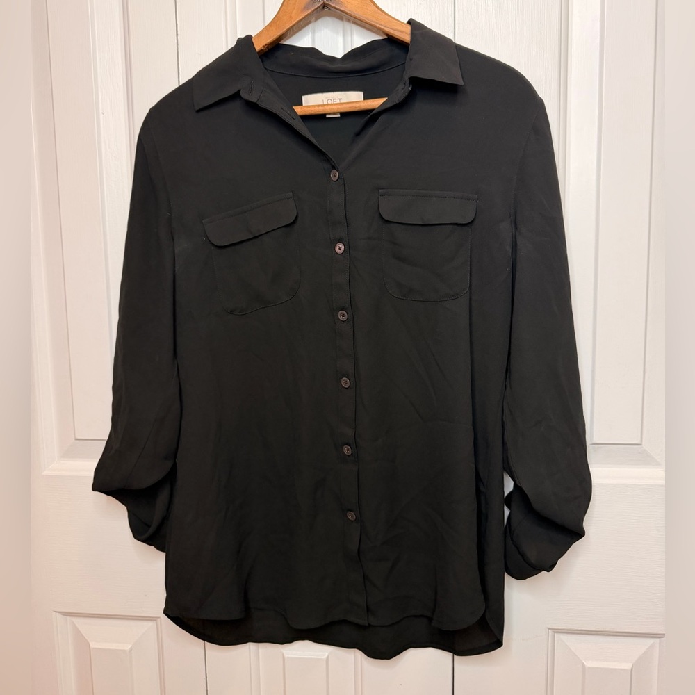 LOFT Black Button-Up Utility Blouse